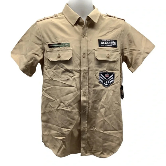 Airwalk Size Small Khaki Patches Embroidered Button Down Men’s Shirt. New - Picture 2 of 8